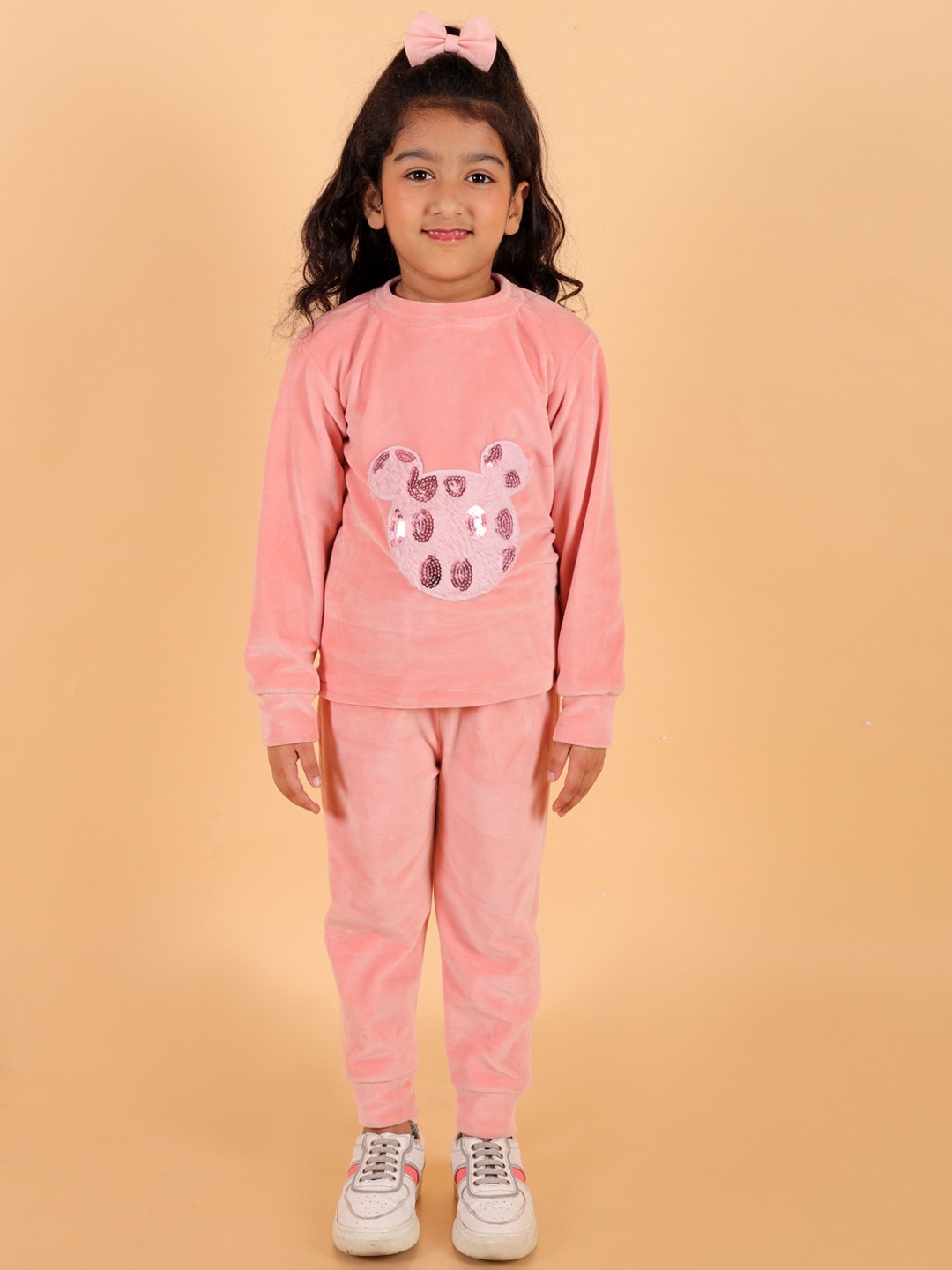

Stuffie Land Girls Embellished Applique Night Suit, Peach