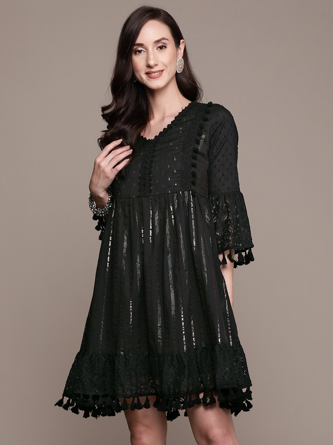 

Ishin Ethnic Motifs Bell Sleeves Cotton Fit & Flare Dress, Black