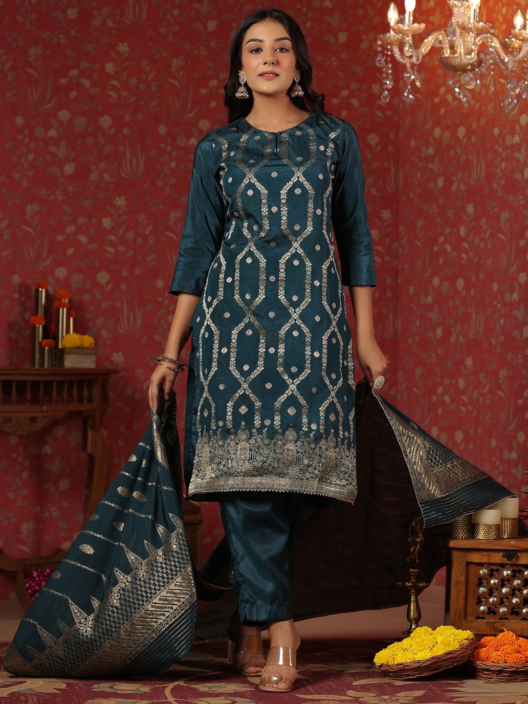 

Ishin Ethnic Motifs Woven Design Straight Kurta with Trousers & With Dupatta, Teal