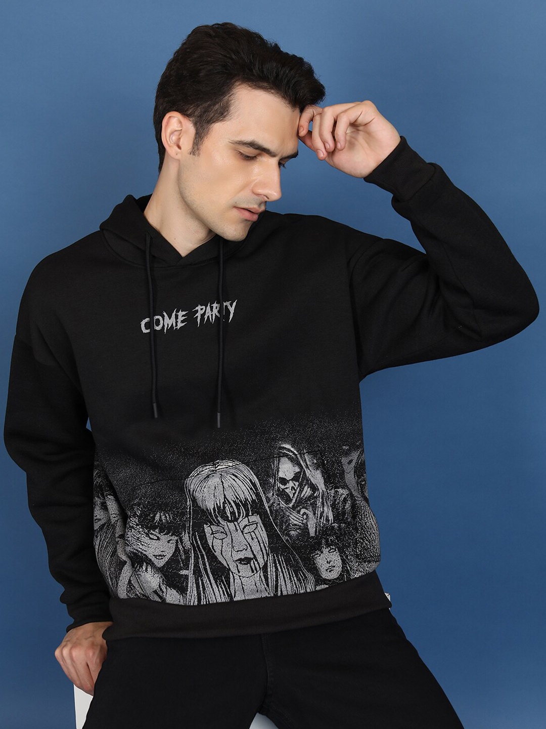 

HIGHLANDER Black Graphic Printed Oversize Hooded Pullover Sweatshirt