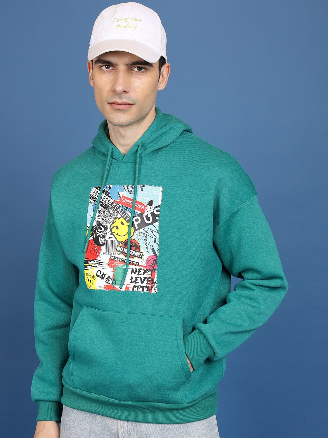 

HIGHLANDER Green Graphic Printed Oversize Hooded Pullover Sweatshirt