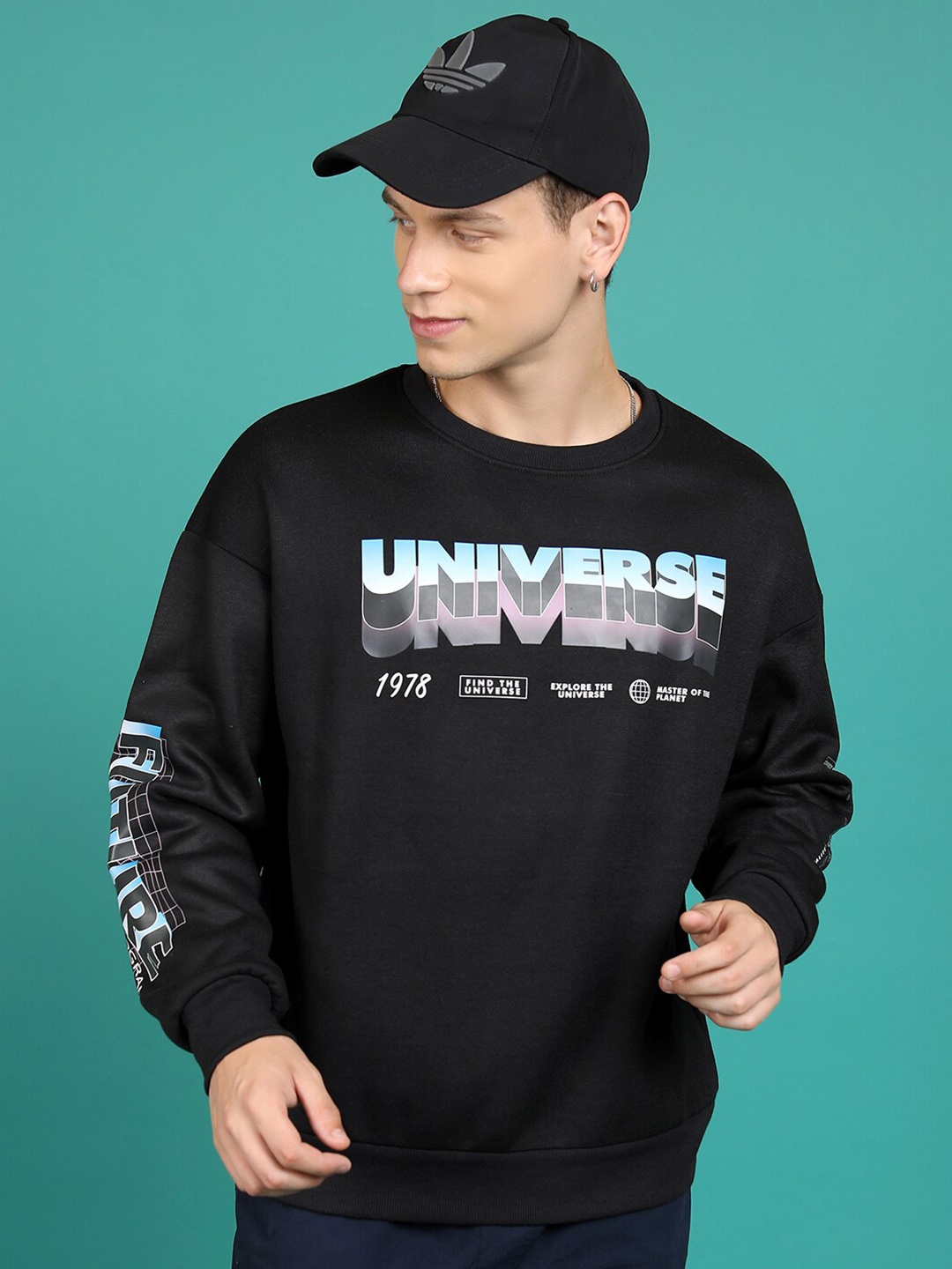 

HIGHLANDER Typography Printed Drop Shoulder Sleeves Oversized Sweatshirt, Black