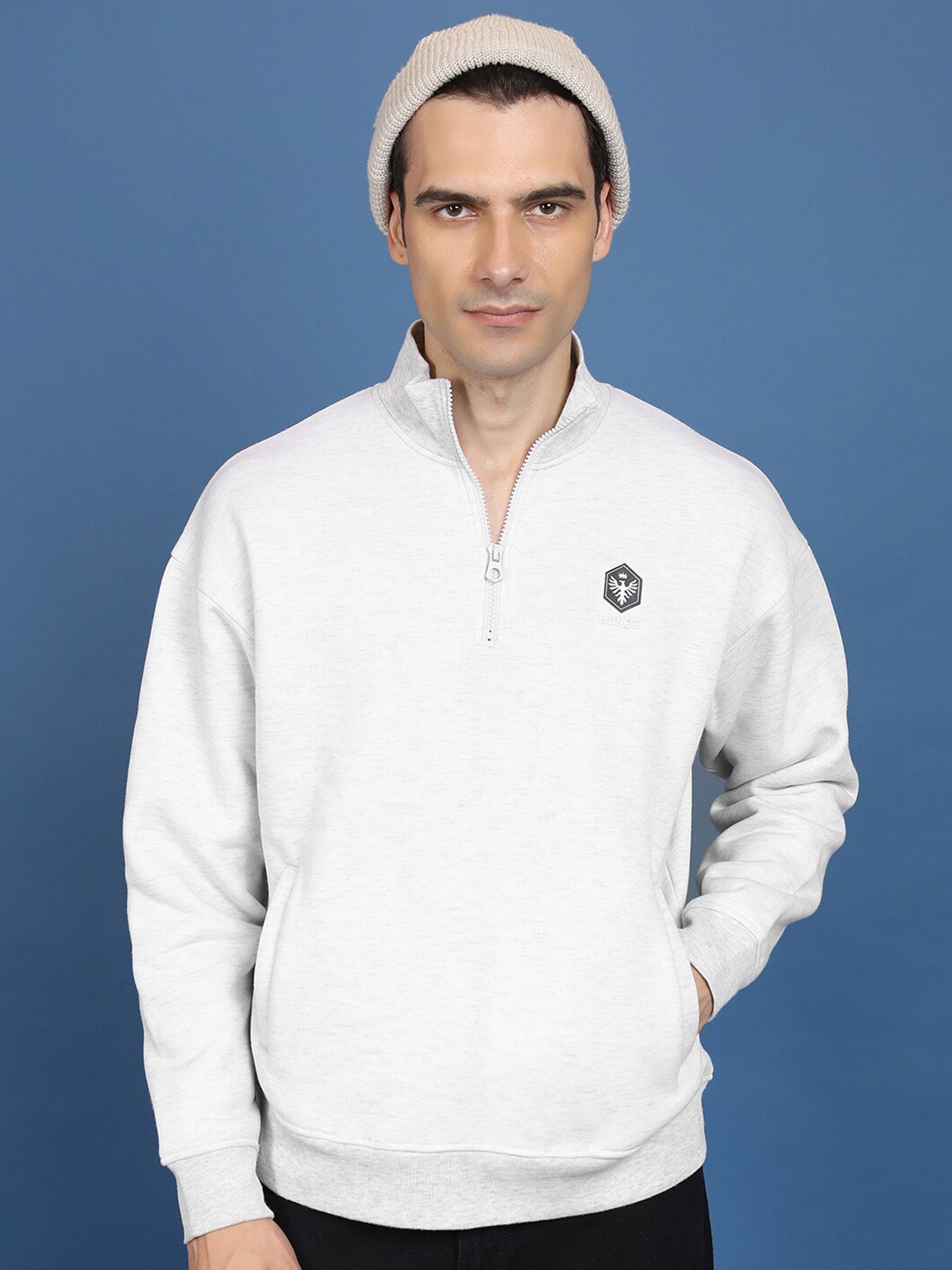 

HIGHLANDER High Neck Drop Shoulder Sleeves Relaxed Fit Sweatshirt, White