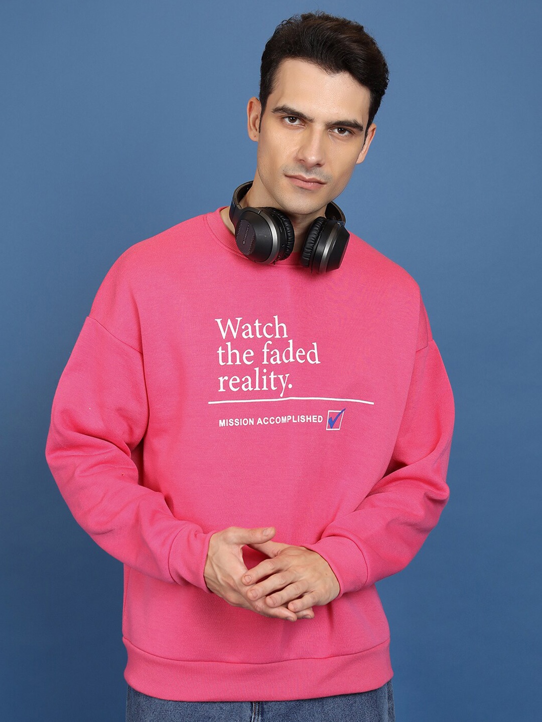 

HIGHLANDER Typography Printed Drop Shoulder Sleeves Oversized Sweatshirt, Pink