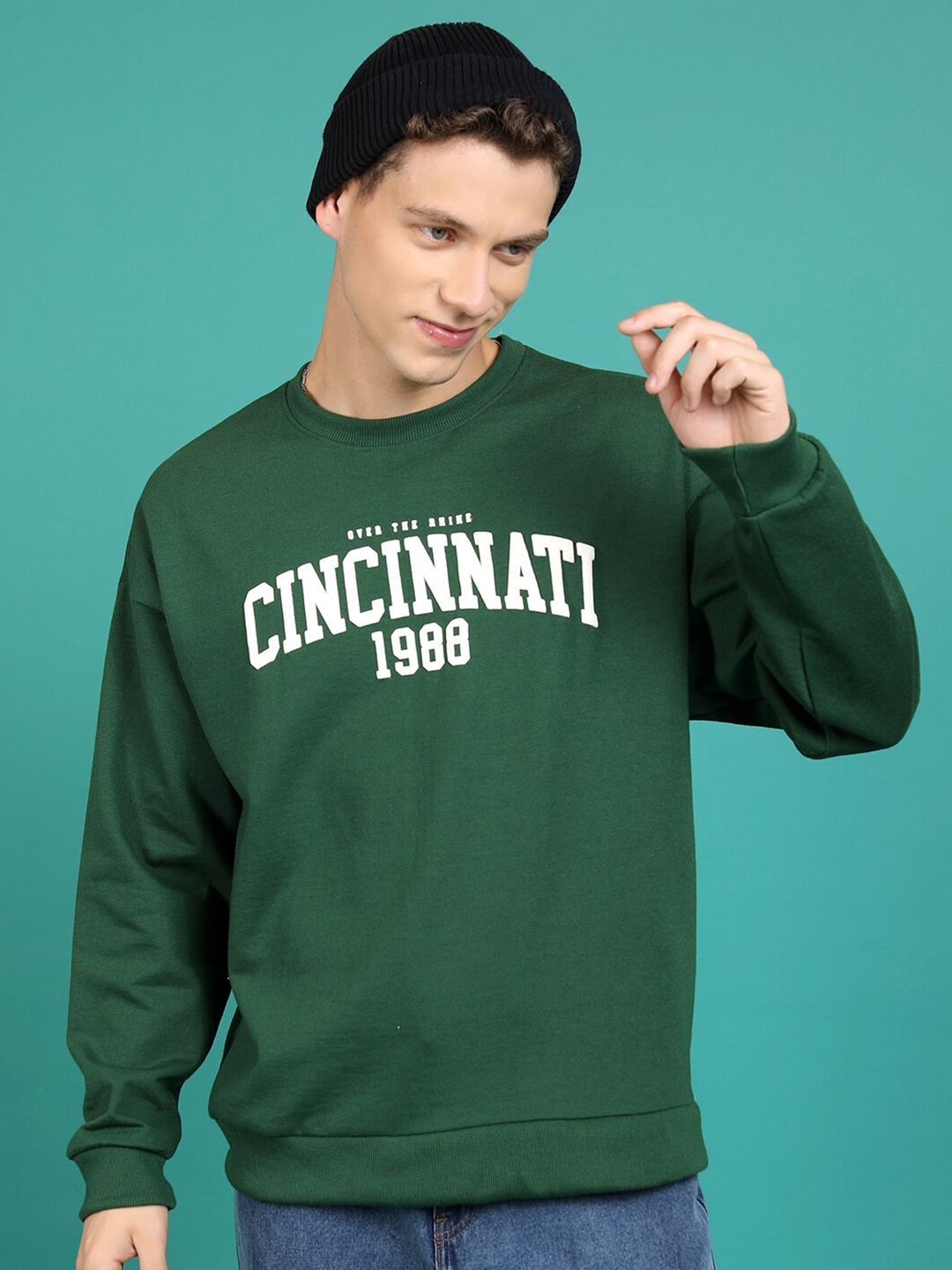 

HIGHLANDER Typography Printed Drop Shoulder Sleeves Oversized Sweatshirt, Green