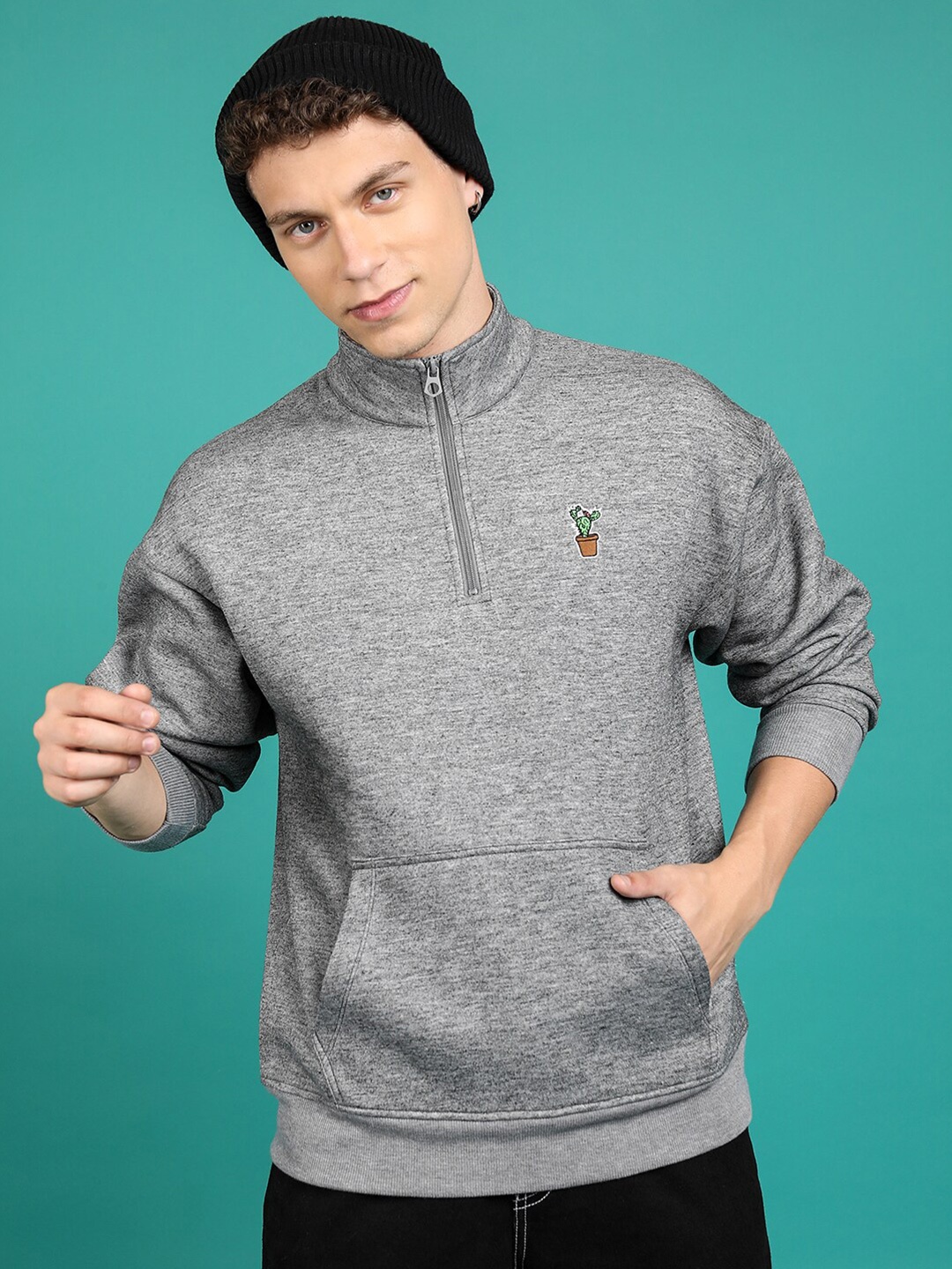 

HIGHLANDER Grey High Neck Drop Shoulder Sleeves Relaxed Fit Pullover Sweatshirt