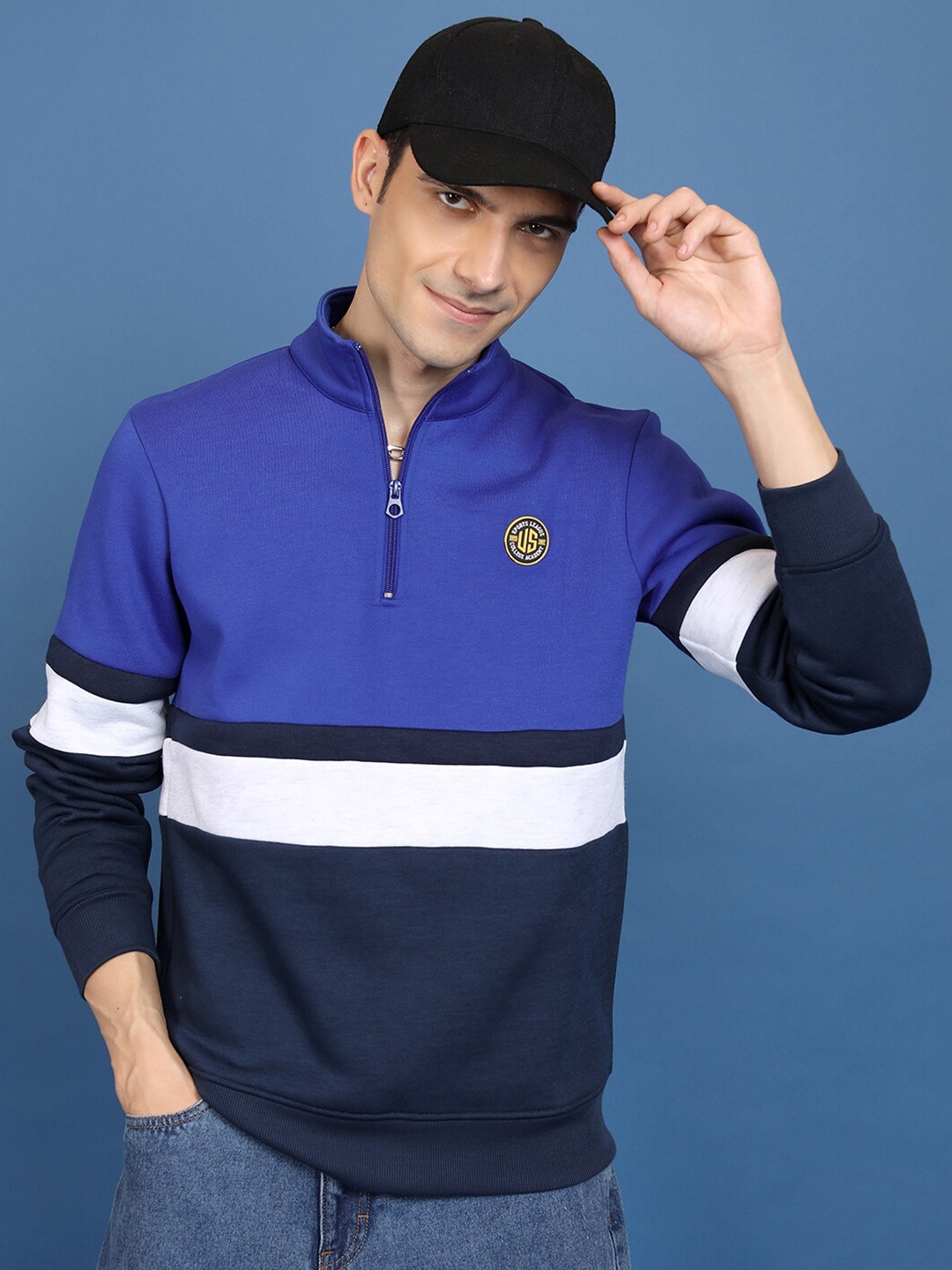 

HIGHLANDER Navy Blue Colourblocked High Neck Long Sleeves Pullover Sweatshirt