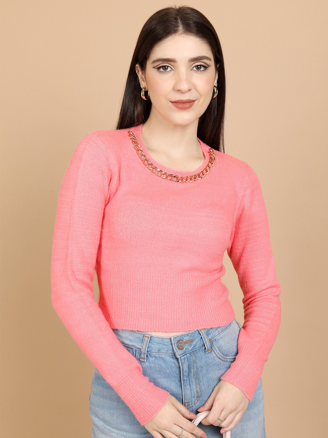 

Tokyo Talkies Pink Round Neck Ribbed Acrylic Pullover Sweater