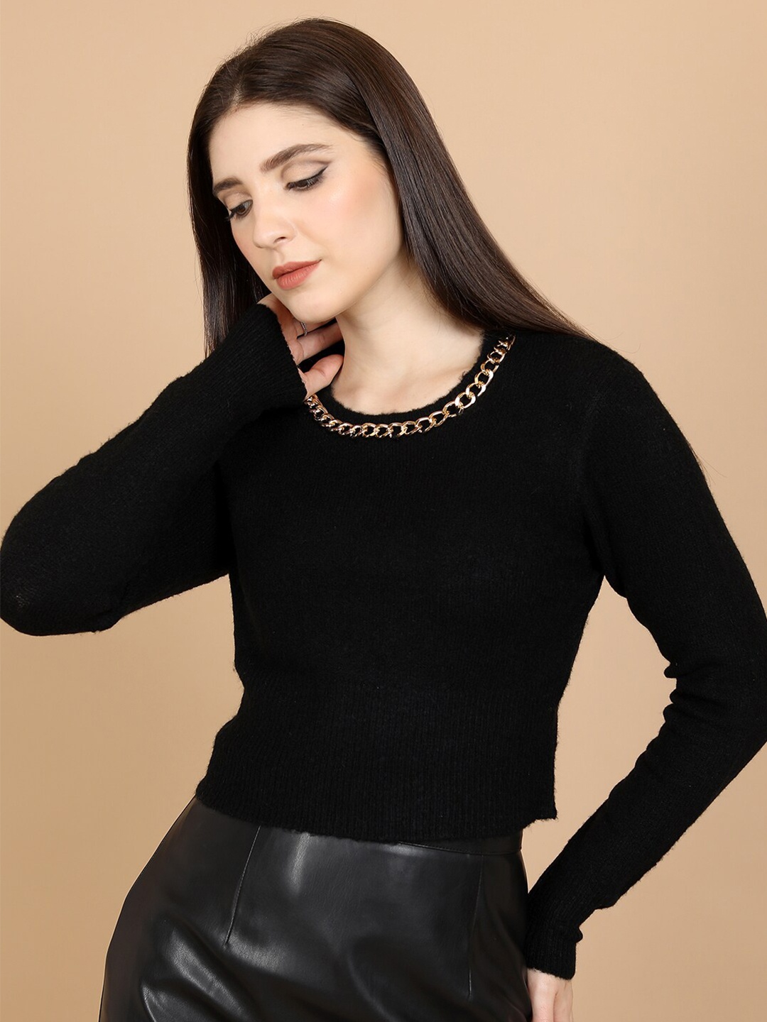 

Tokyo Talkies Black Round Neck Ribbed Acrylic Pullover Sweater