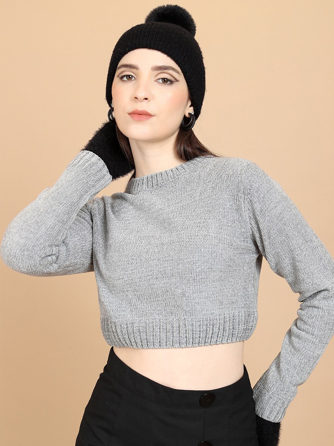

Tokyo Talkies Grey Ribbed Acrylic Crop Pullover Sweater