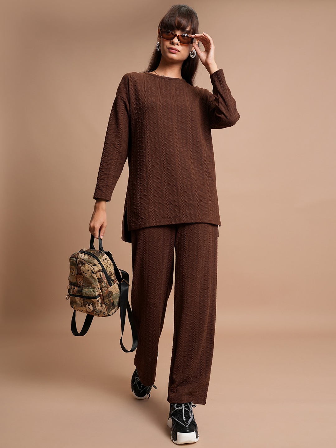 

Tokyo Talkies Relaxed Sweater With Wide Leg Trouser Co-Ords, Brown