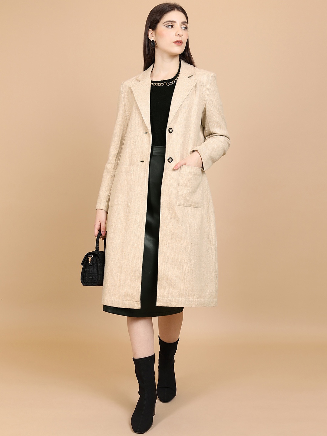 

Tokyo Talkies Beige Self Design Single Breasted Overcoat