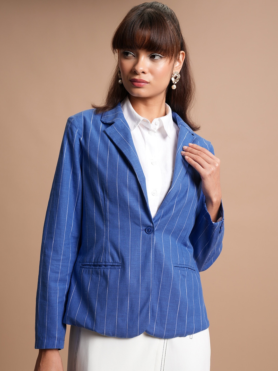 

CHIC BY TOKYO TALKIES Striped Single-Breasted Casual Cotton Blazer, Blue