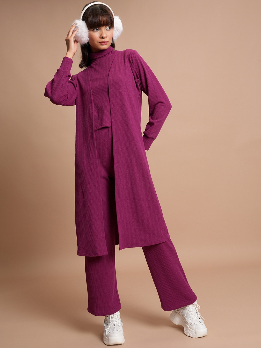 

Tokyo Talkies Turtle Neck Top With Trousers & Front-Open Sweater, Pink