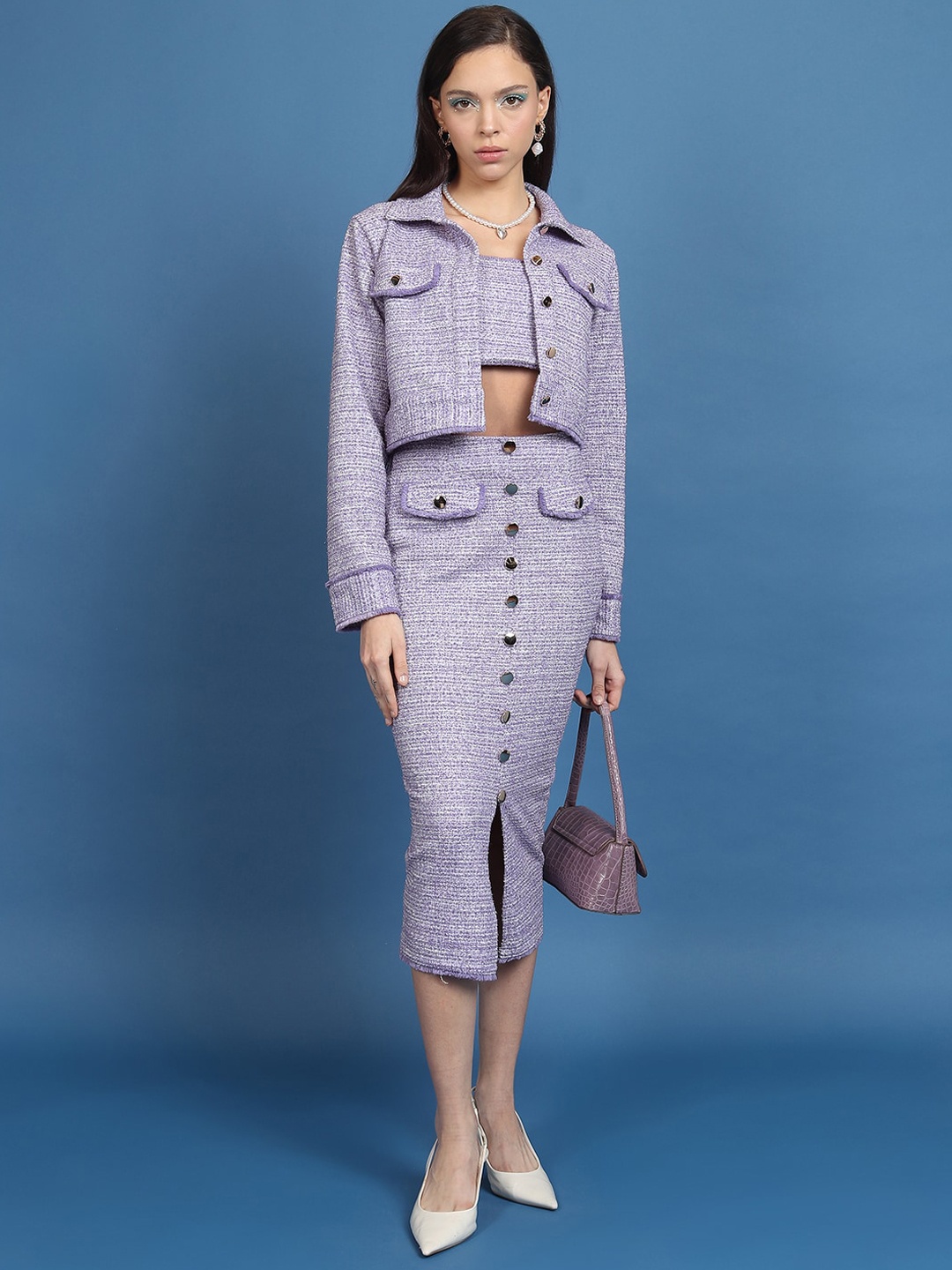 

Tokyo Talkies 3-Piece Self Design Crop Jacket & Tube Top With Skirt, Purple