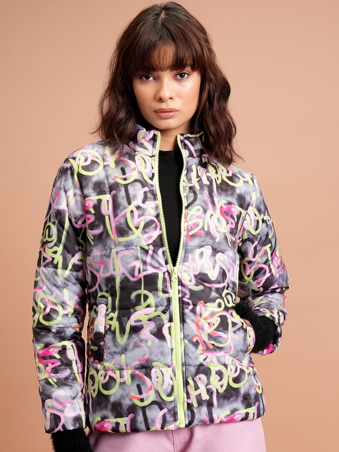 

Tokyo Talkies Abstract Printed Padded Jacket, Black
