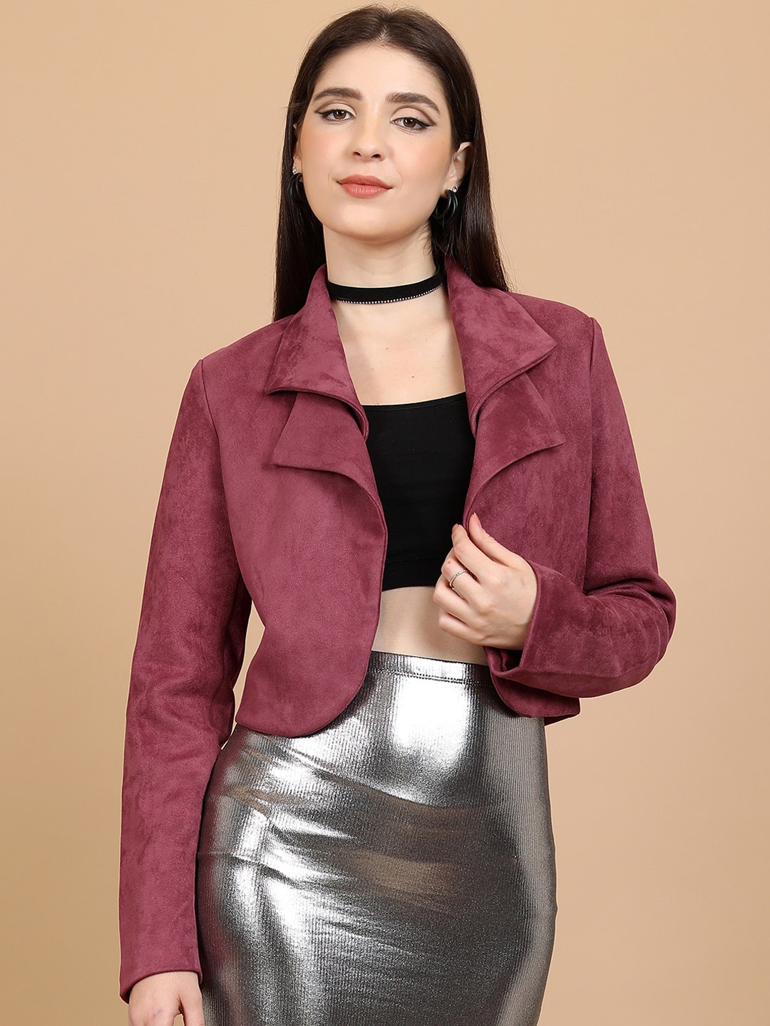 

CHIC BY TOKYO TALKIES Suede Front-Open Crop Blazer, Pink