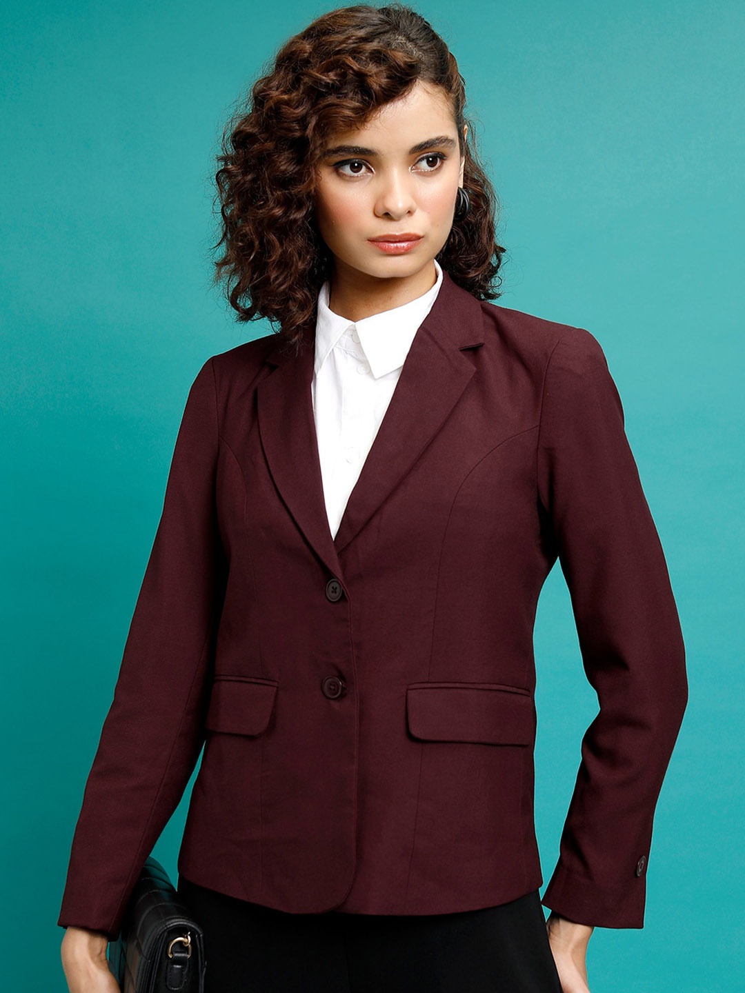 

CHIC BY TOKYO TALKIES Notched Lapel Single-Breasted Casual Blazer, Maroon