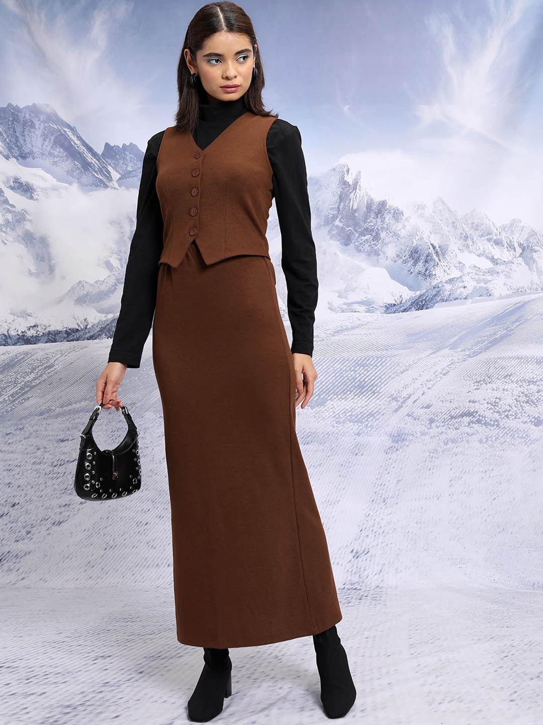 

Tokyo Talkies Fitted Waist-Coat With Maxi Skirt Co-Ords, Brown