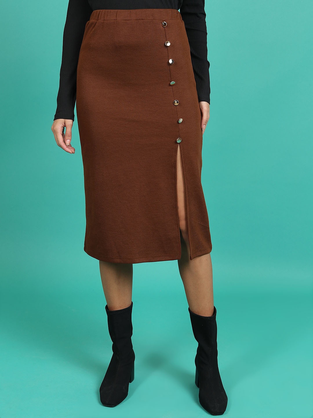 

Tokyo Talkies Brown Straight Knee Length Skirts