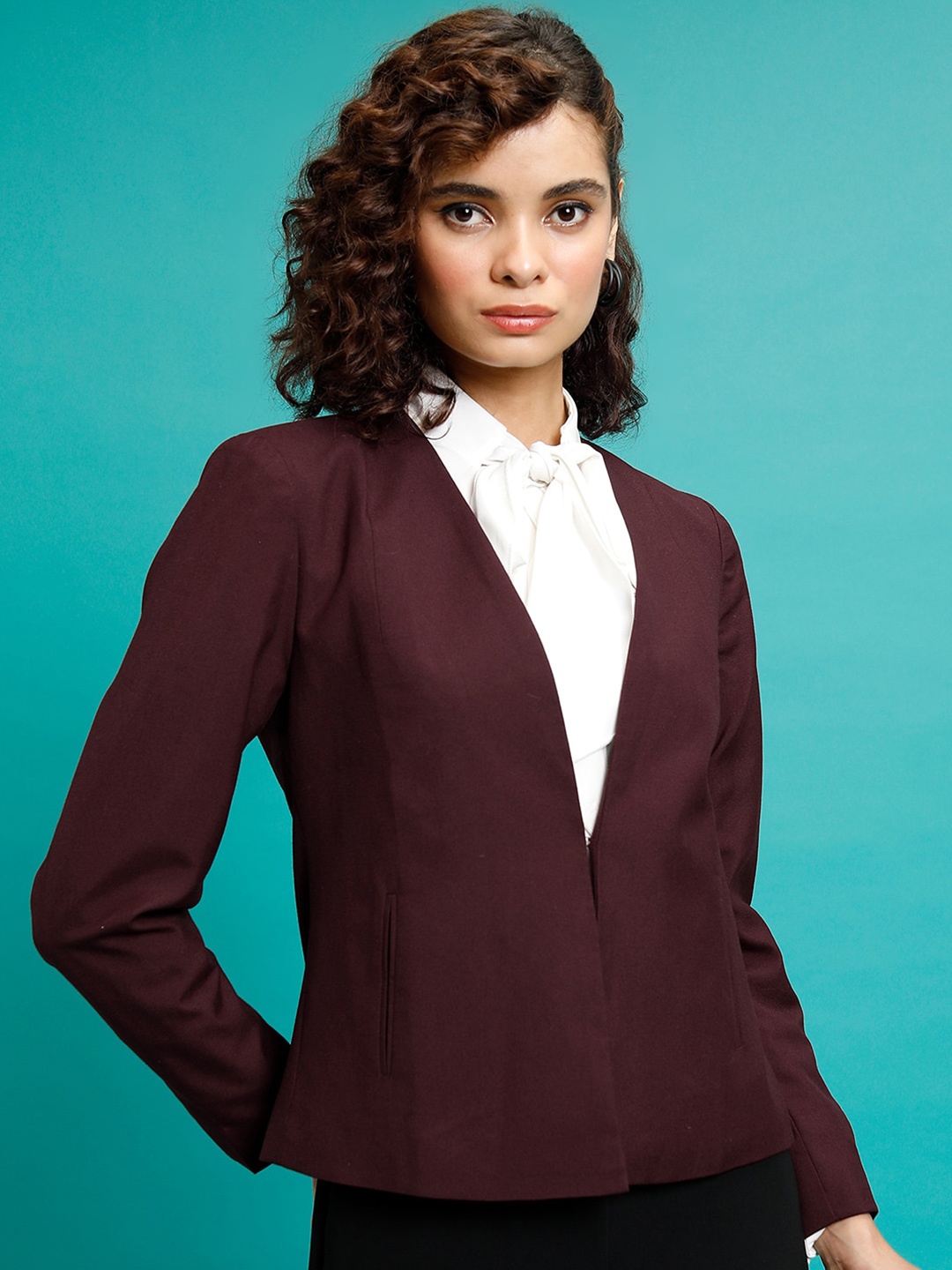 

CHIC BY TOKYO TALKIES Maroon V-Neck Open Front Blazer