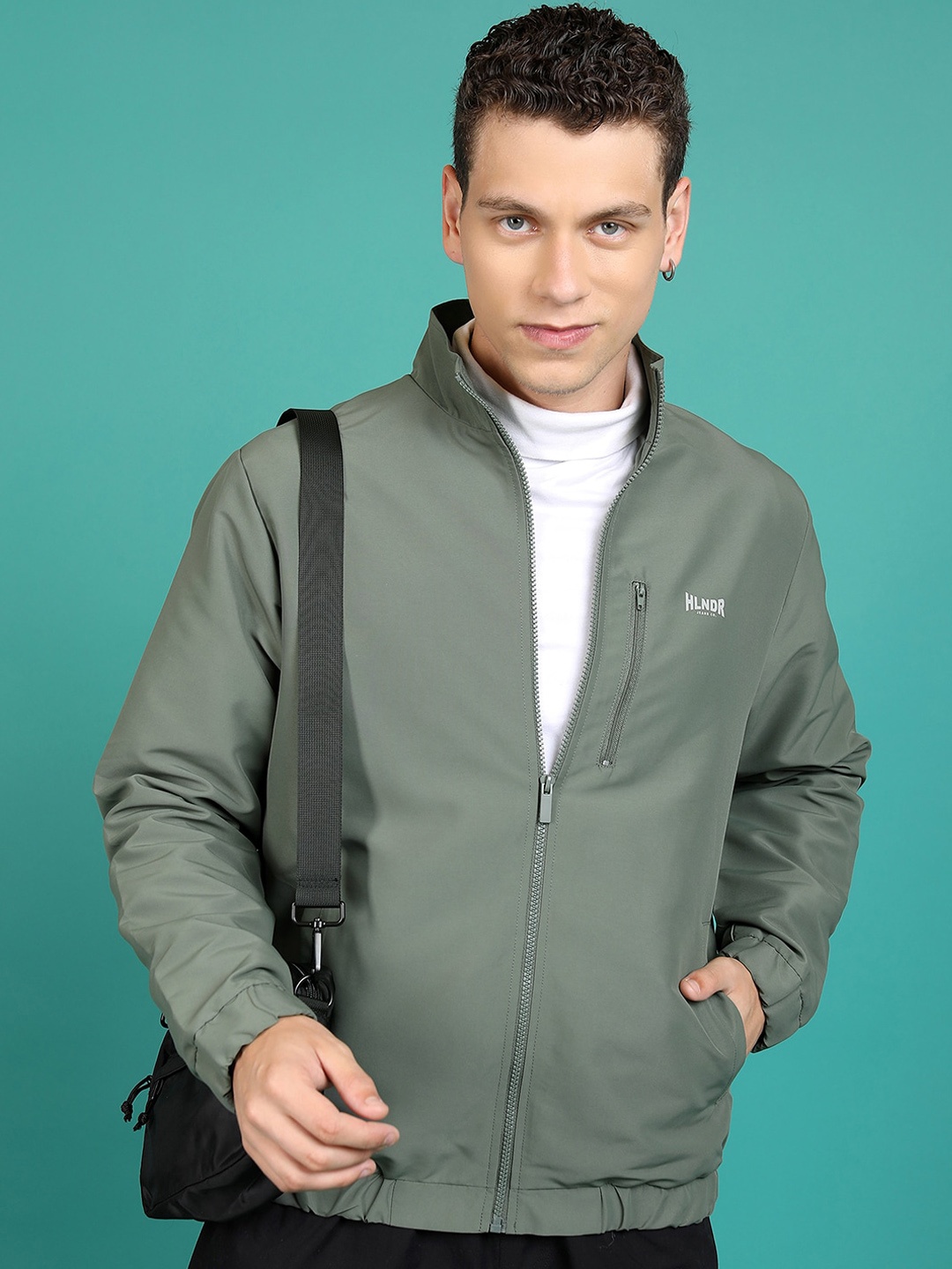 

HIGHLANDER Olive Green Mock Collar Bomber Jacket