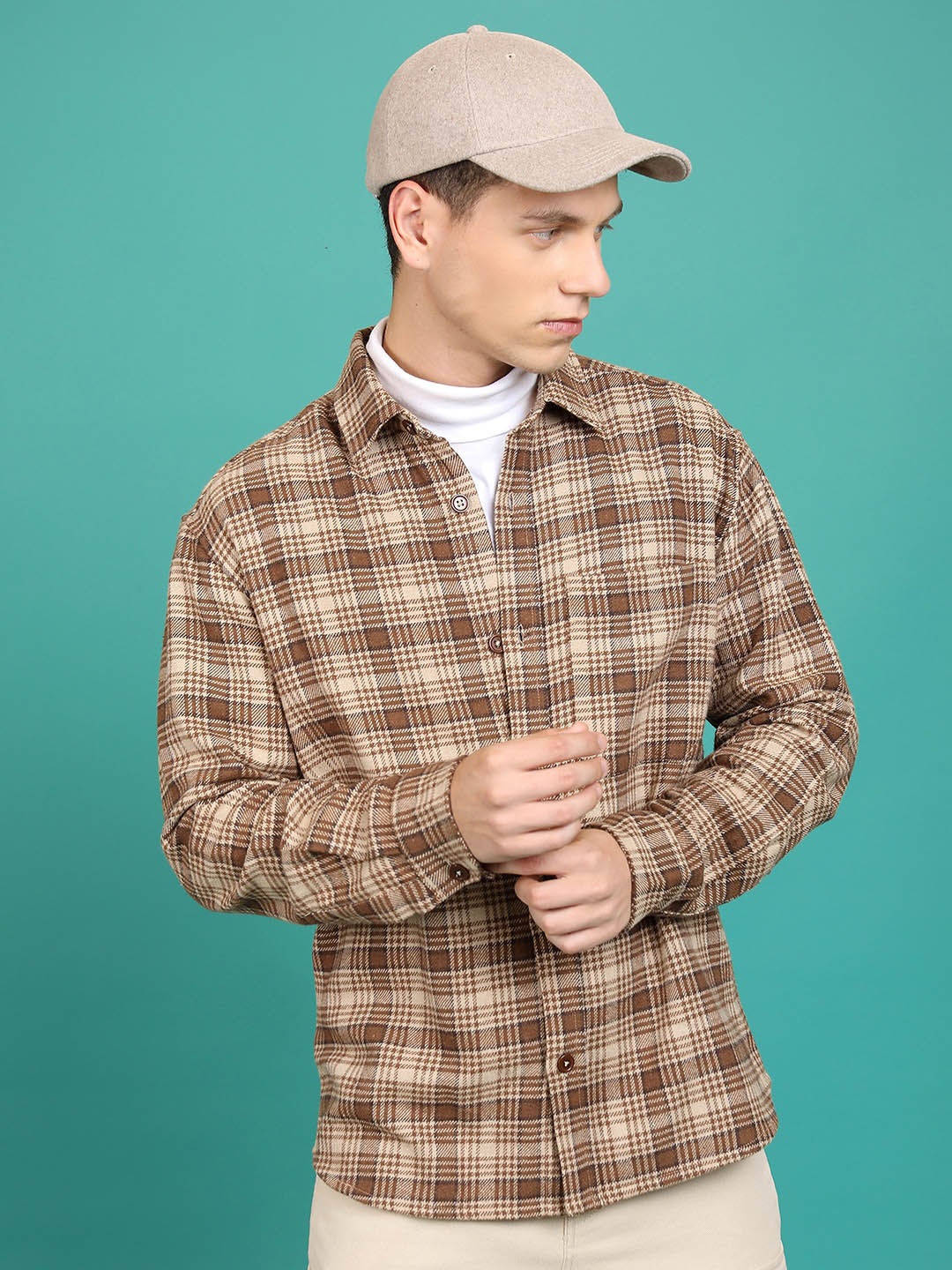 

HIGHLANDER Tartan Checked Spread Collar Flannel Shirt, Brown