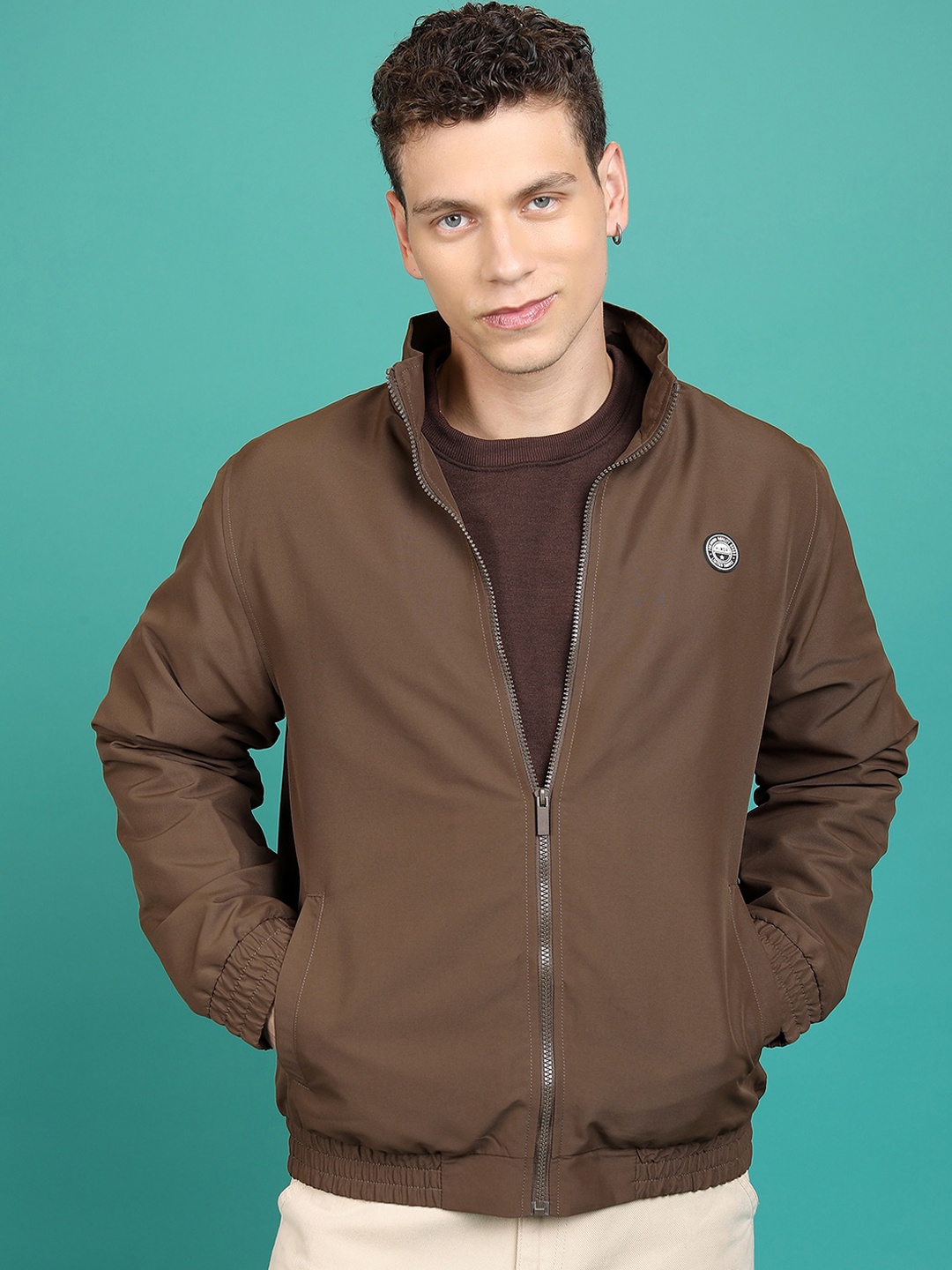 

HIGHLANDER Mock Collar Long Sleeves Bomber Jacket, Brown