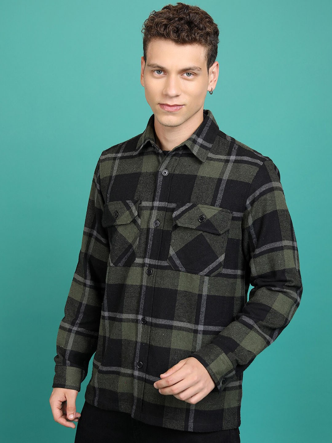 

HIGHLANDER Tartan Checked Spread Collar Flannel Shirt, Green