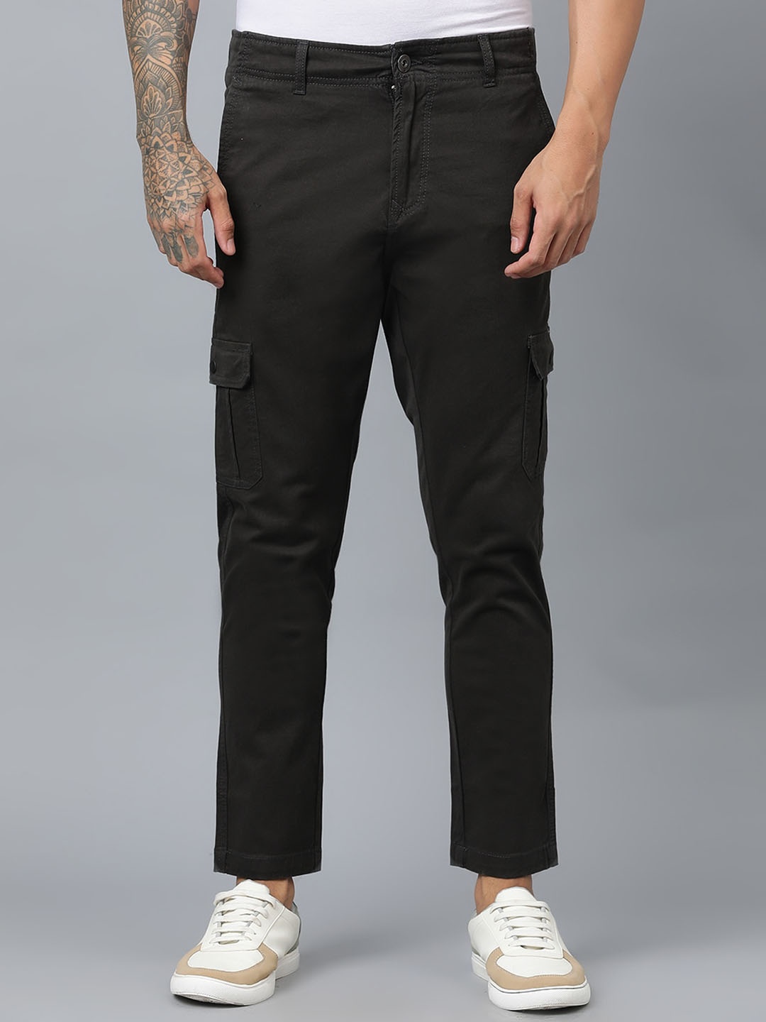 

Code 61 Men Slim Fit Low-Rise Flat Front Cargos, Charcoal