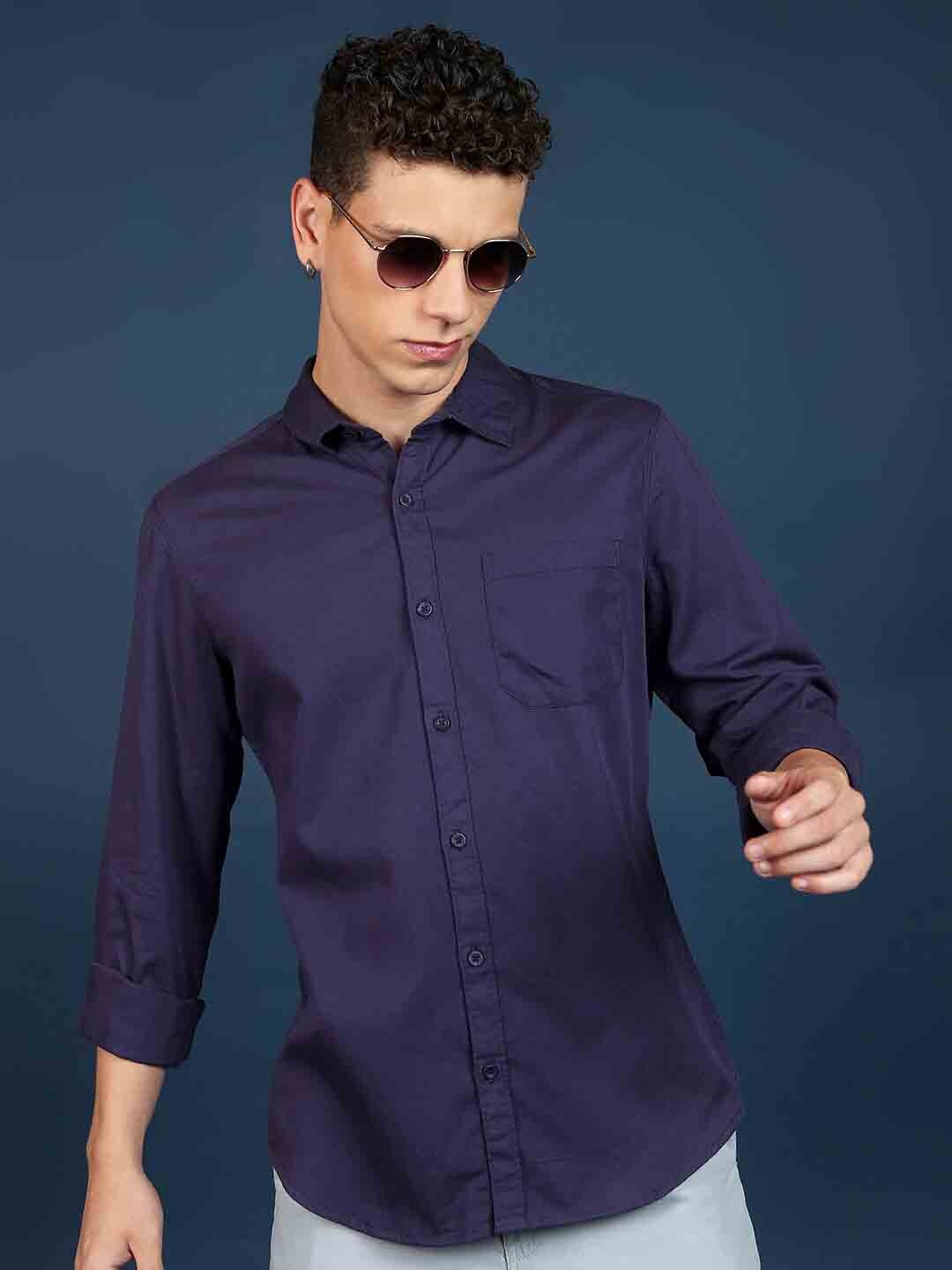 

HIGHLANDER Purple Slim Fit Spread Collar Cotton Casual Shirt