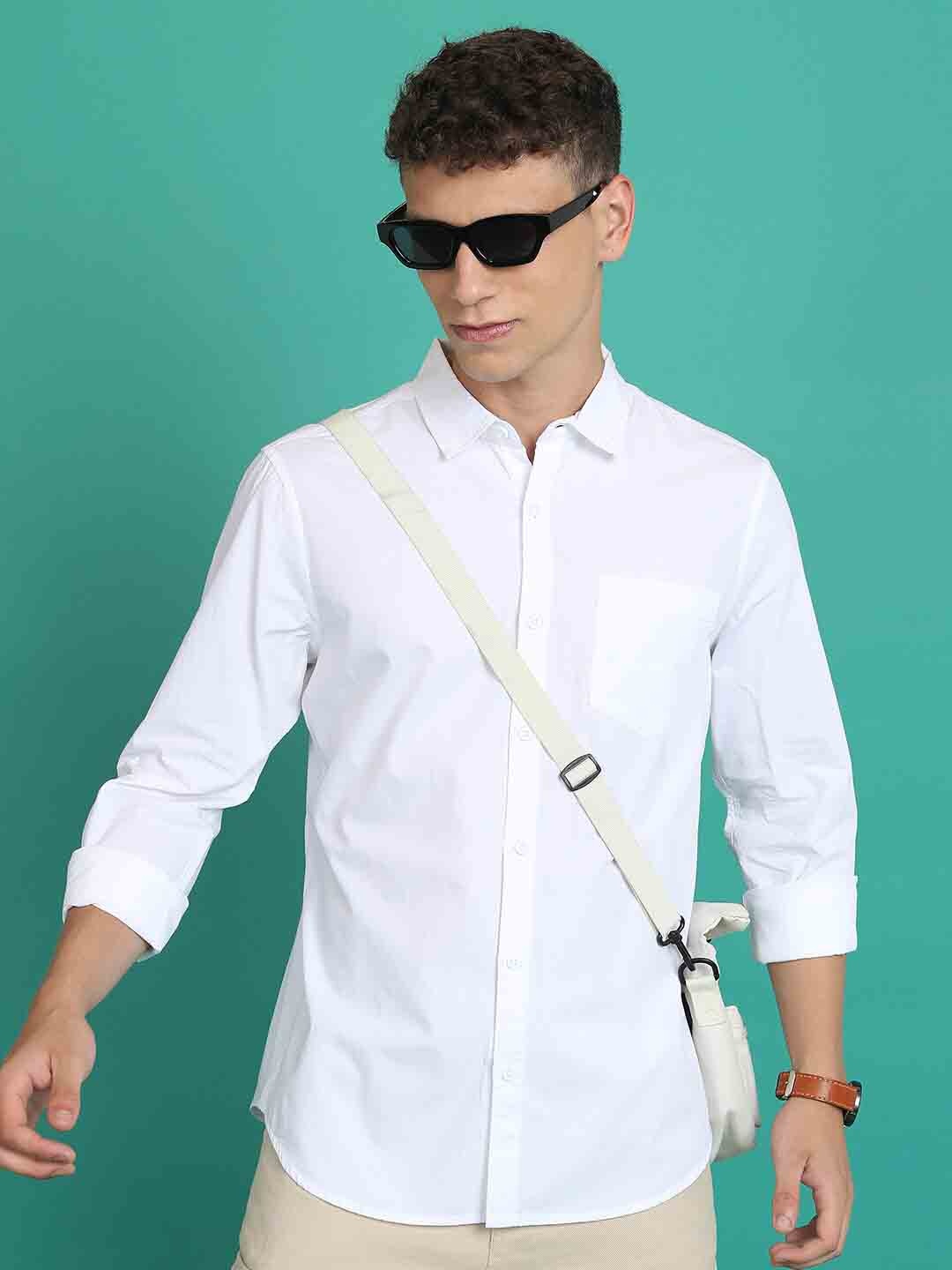 

HIGHLANDER White Slim Fit Spread Collar Cotton Casual Shirt