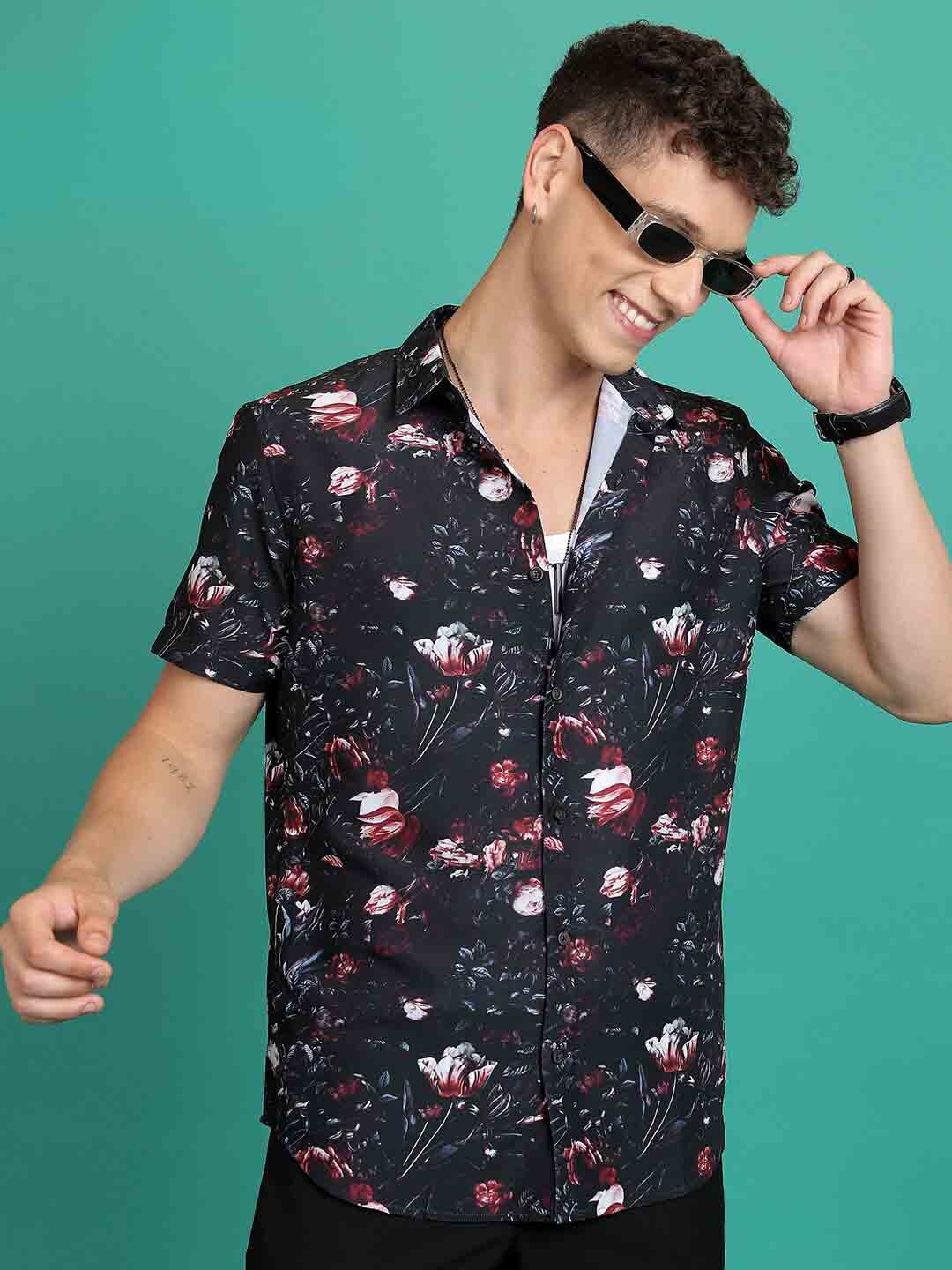 

HIGHLANDER Slim Fit Floral Printed Casual Shirt, Black