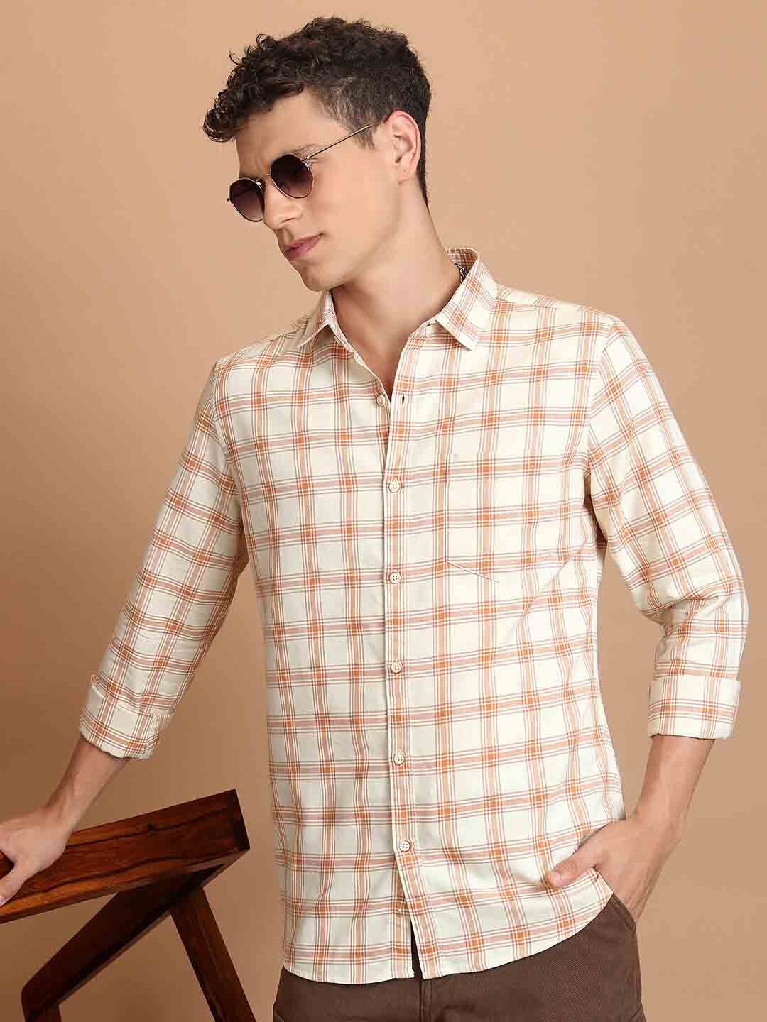 

HIGHLANDER Beige Slim Fit Tartan Checks Cotton Casual Shirt