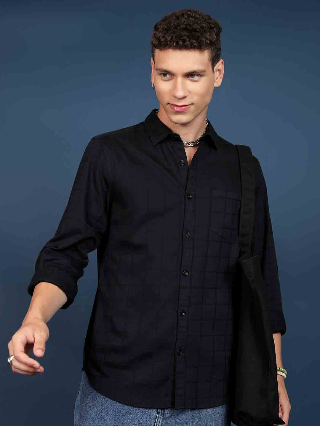 

HIGHLANDER Black Slim Fit Windowpane Checked Spread Collar Cotton Casual Shirt