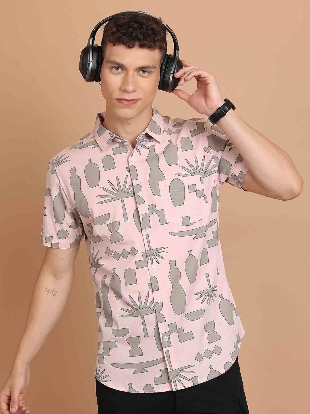 

HIGHLANDER Pink Slim Fit Conversational Printed Cotton Casual Shirt