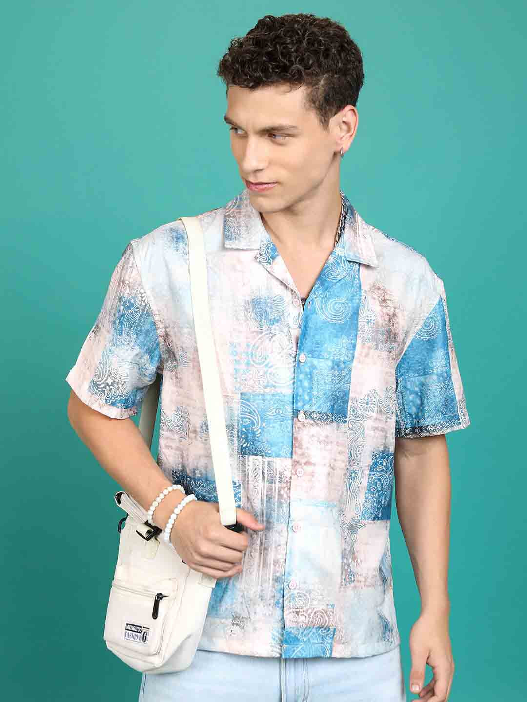 

HIGHLANDER Blue Ethnic Motifs Printed Drop-Shoulder Sleeves Casual Oversized Shirt