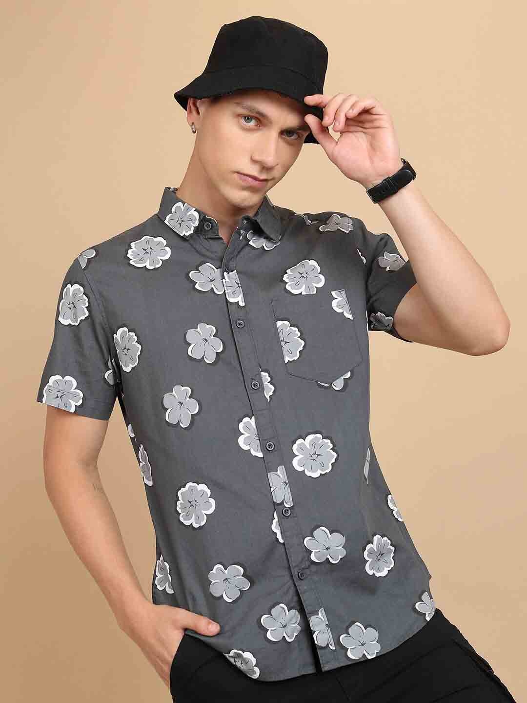 

HIGHLANDER Floral Printed Cotton Slim Fit Casual Shirt, Grey