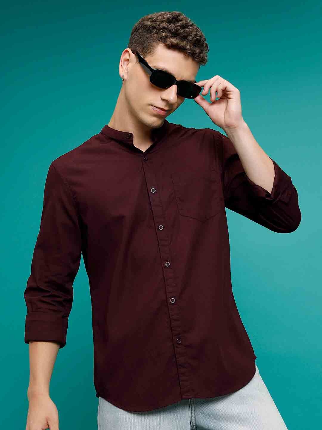 

HIGHLANDER Cotton Band Collar Slim Fit Casual Shirt, Brown