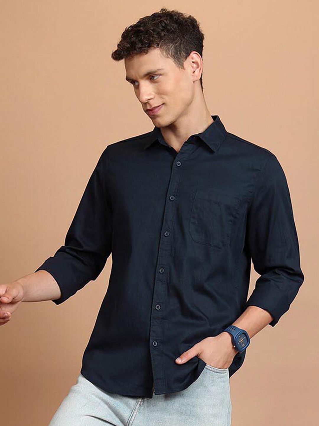 

HIGHLANDER Navy Blue Slim Fit Spread Collar Cotton Casual Shirt