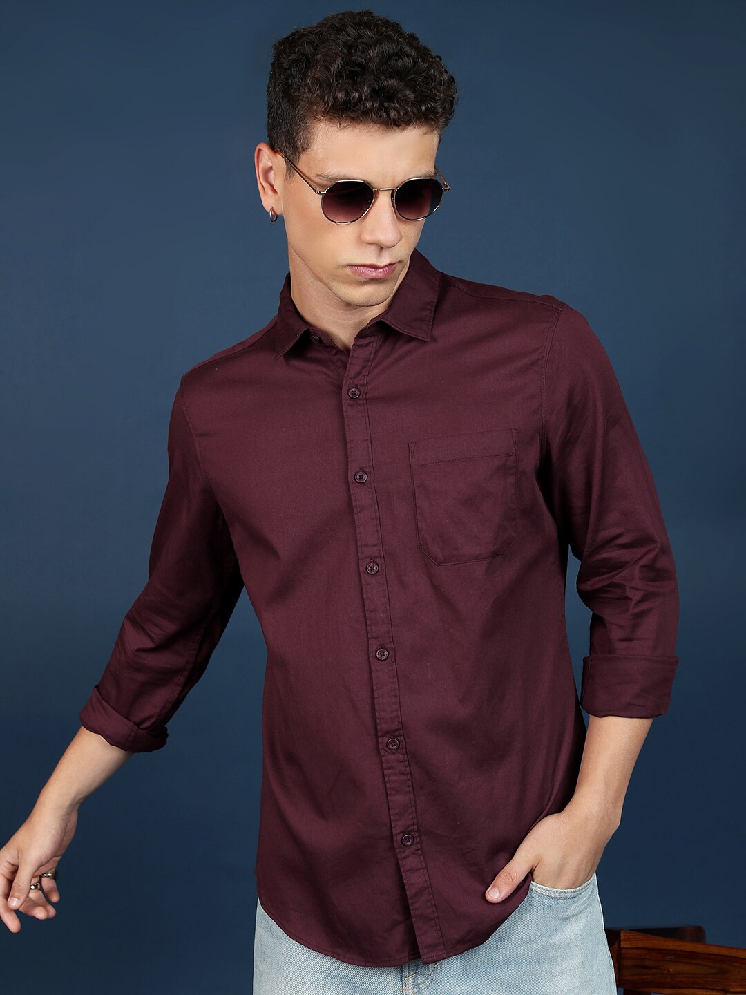 

HIGHLANDER Maroon Slim Fit Spread Collar Cotton Casual Shirt