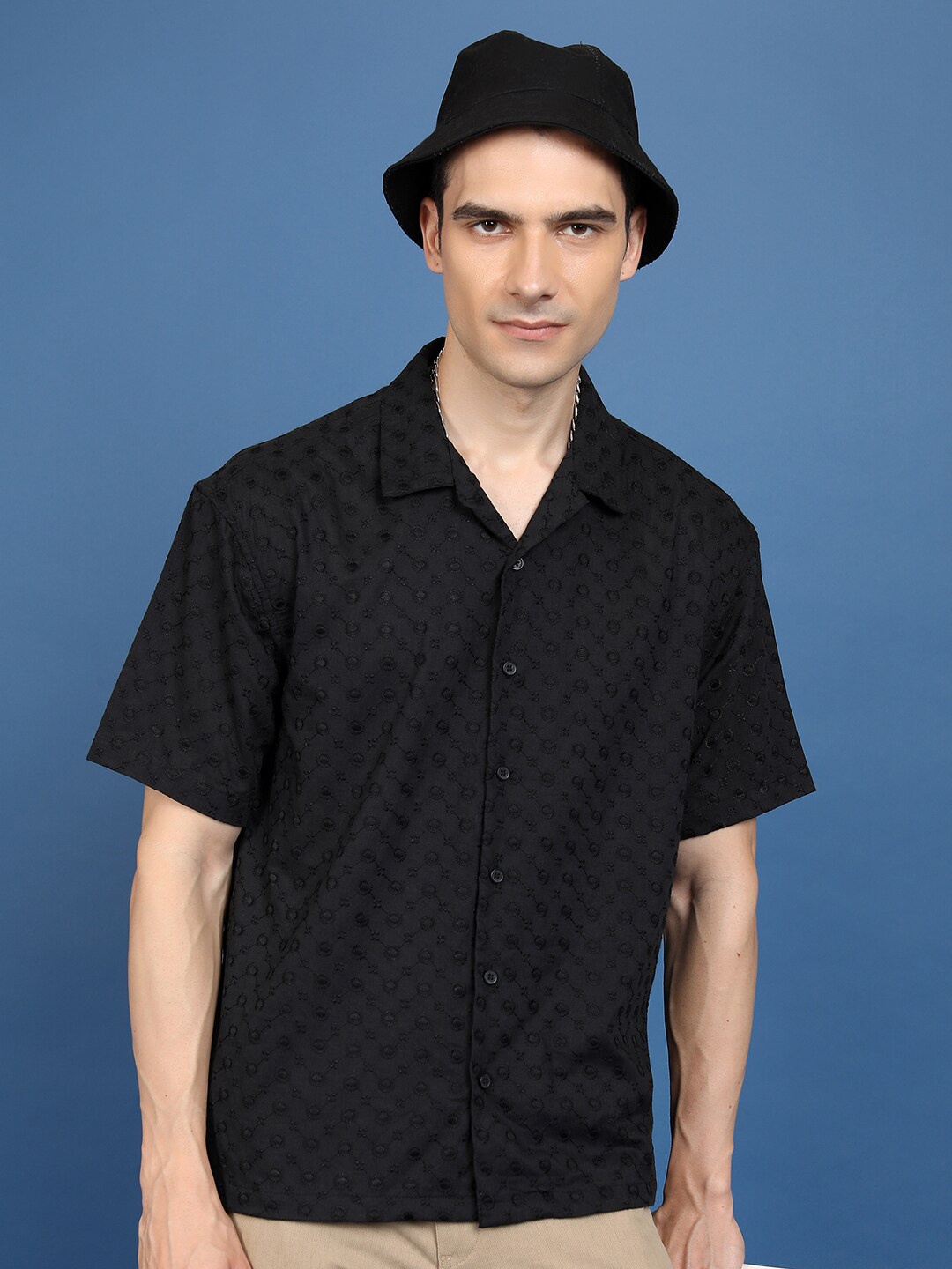 

HIGHLANDER Self Design Oversized Cotton Casual Shirt, Black