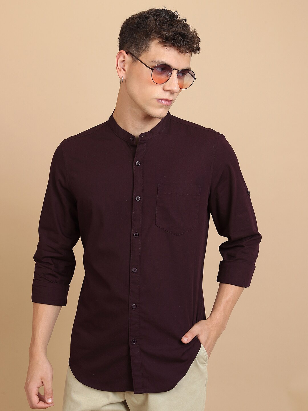 

HIGHLANDER Slim Fit Mandarin Collar Cotton Casual Shirt, Brown
