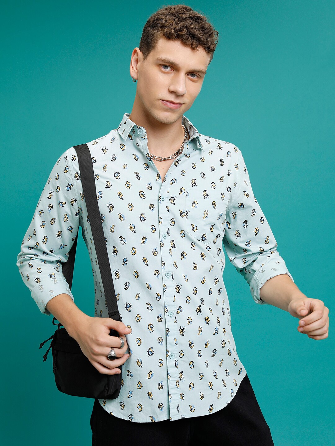 

HIGHLANDER Floral Printed Slim Fit Cotton Casual Shirt, Blue