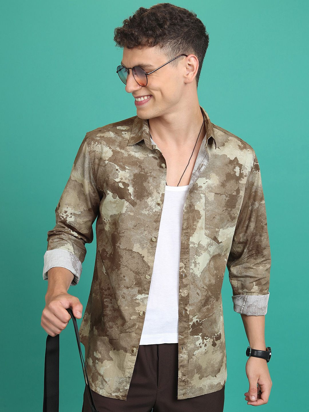 

HIGHLANDER Slim Fit Abstract Printed Cotton Casual Shirt, Olive