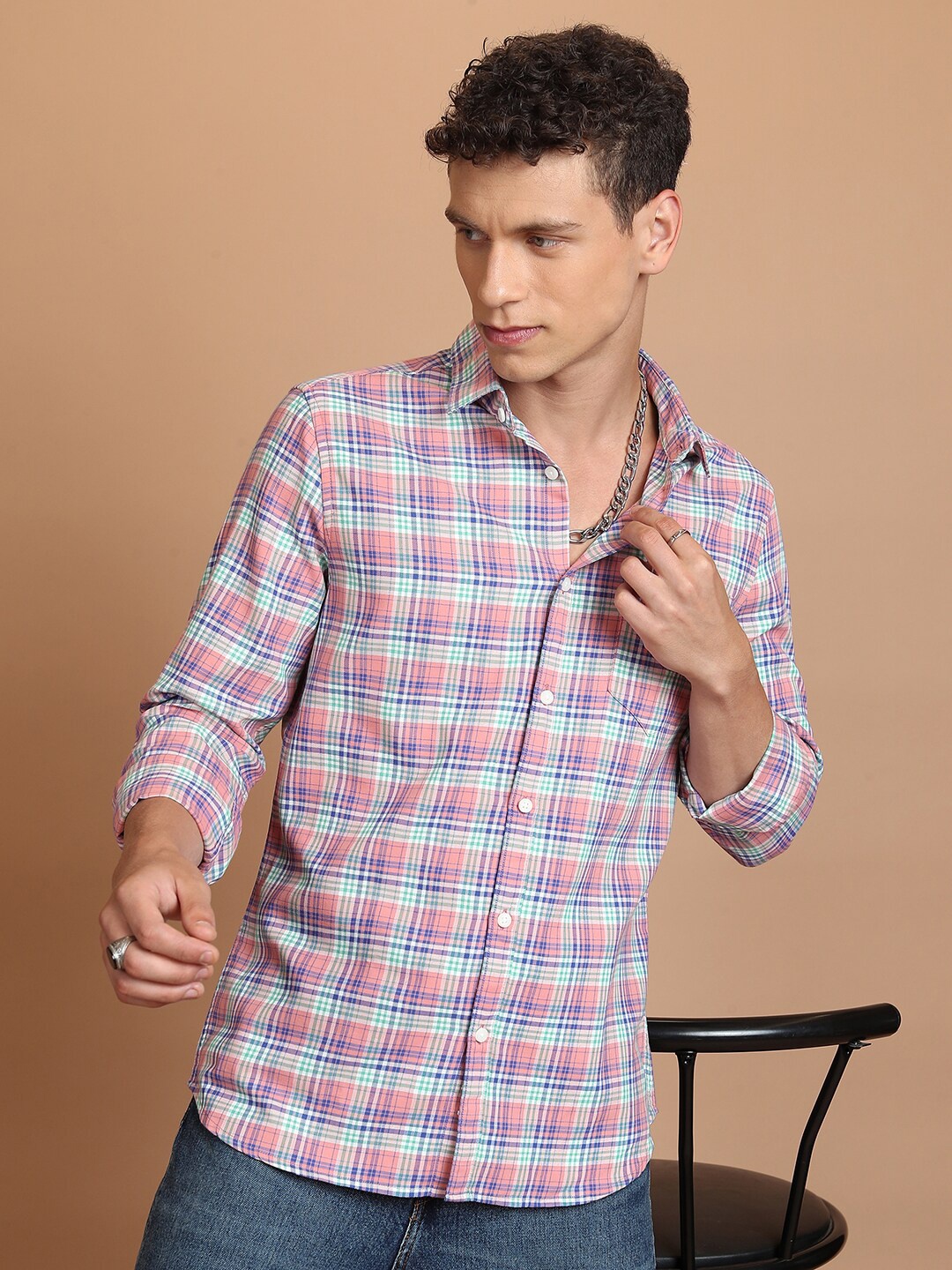 

KETCH Pink Slim Fit Tartan Checked Casual Shirt