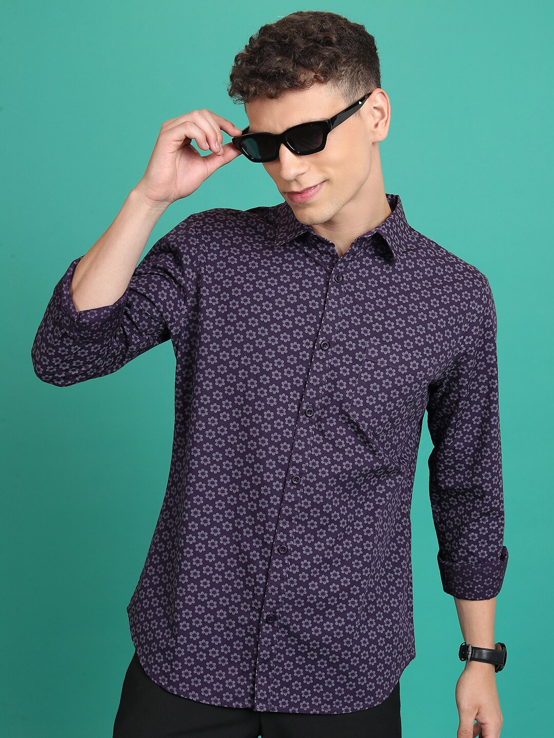 

KETCH Floral Printed Slim Fit Cotton Casual Shirt, Purple