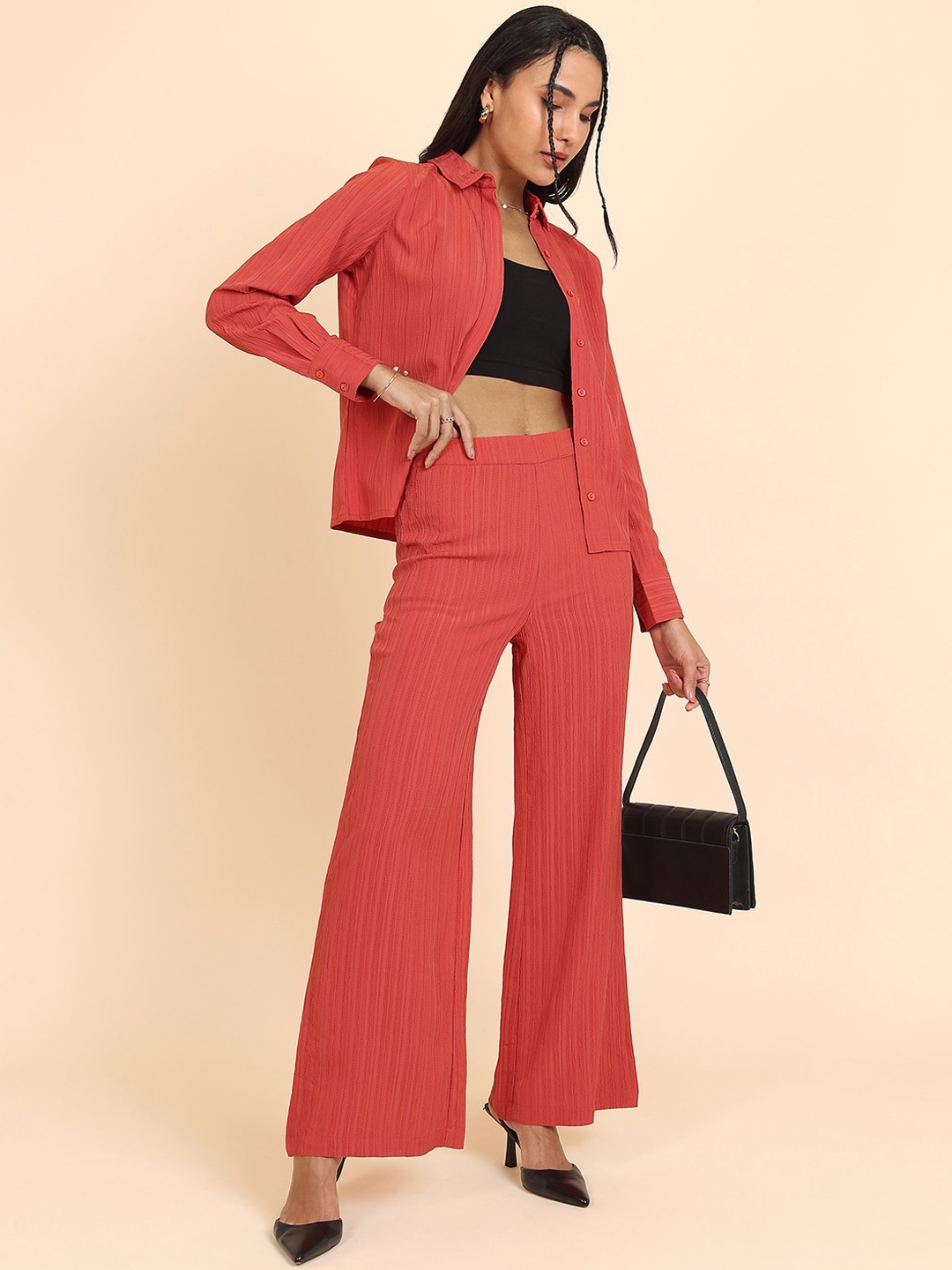 

Tokyo Talkies Self Design Shirt with Pant Co-Ords, Red
