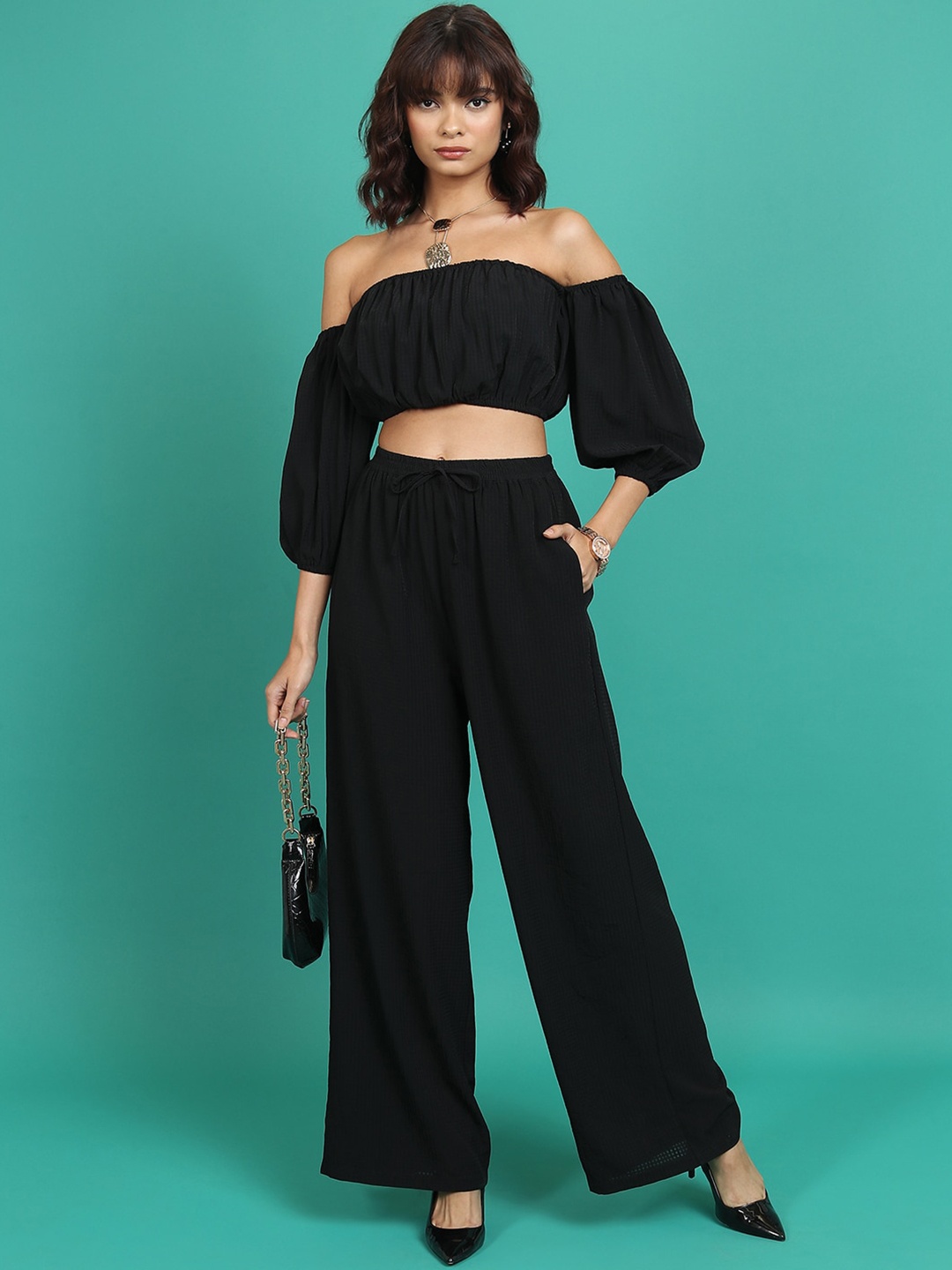 Tokyo Talkies Off Shoulder Top With Wide Leg Pants Co-Ords