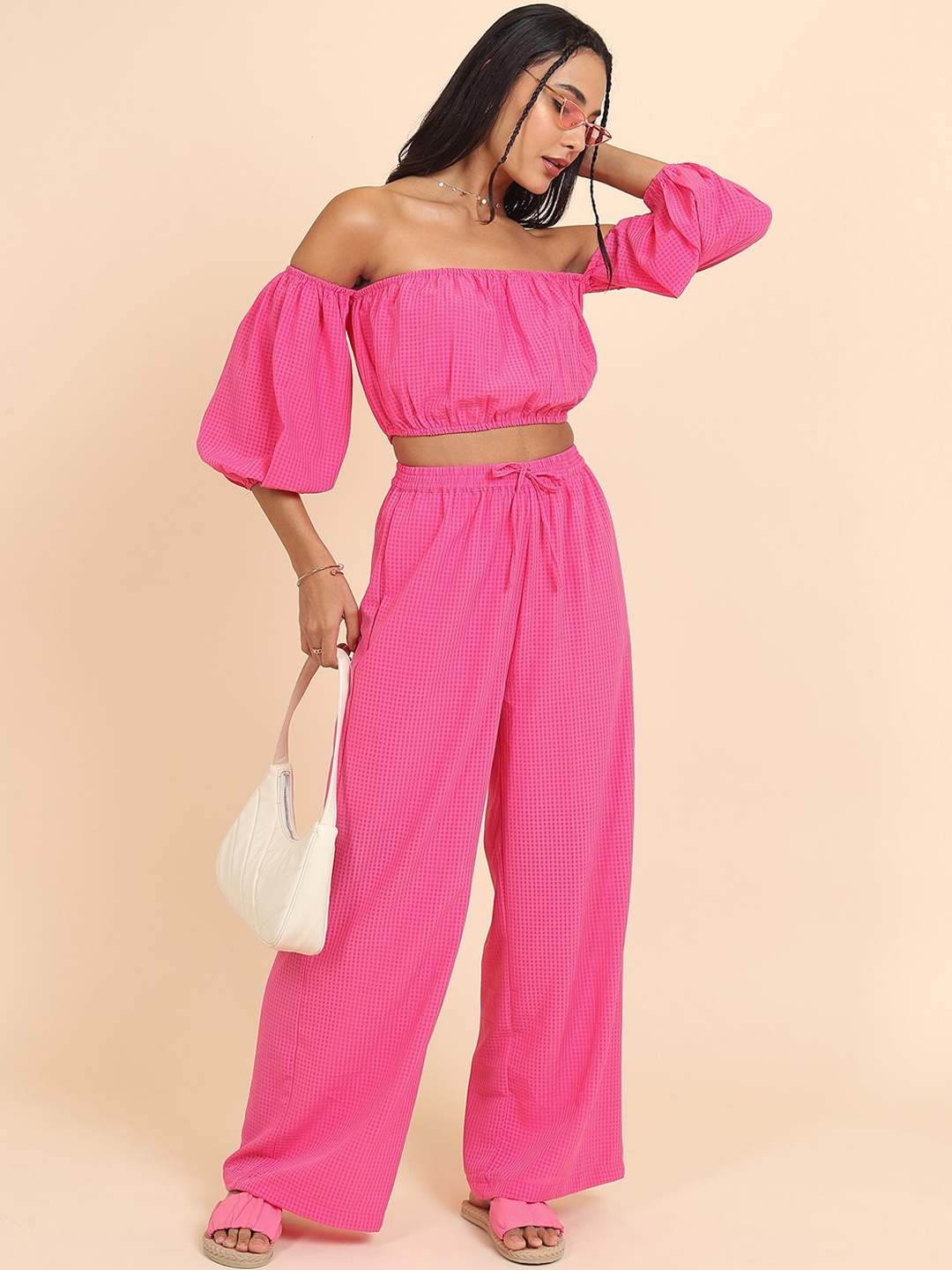 

Tokyo Talkies Off Shoulder Top with Wide Leg Trousers, Pink
